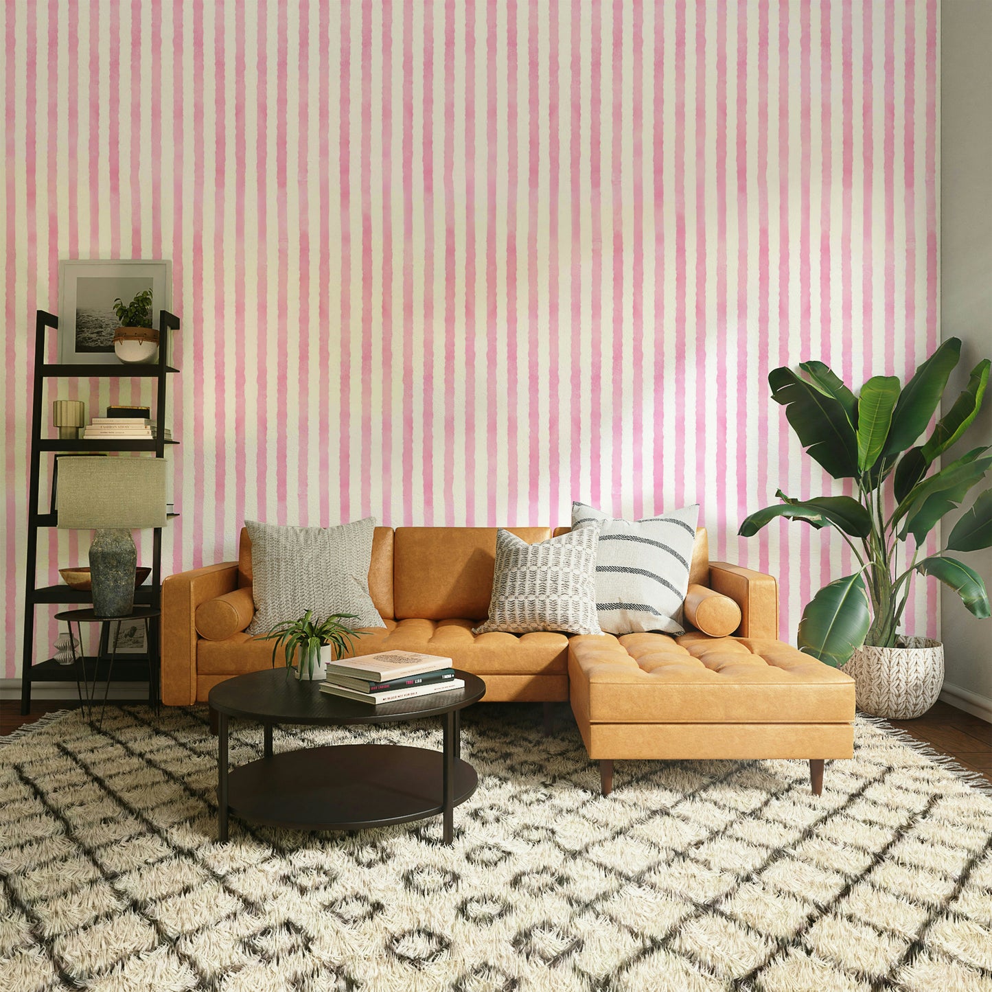 Pink and beige striped mural wallpaper
