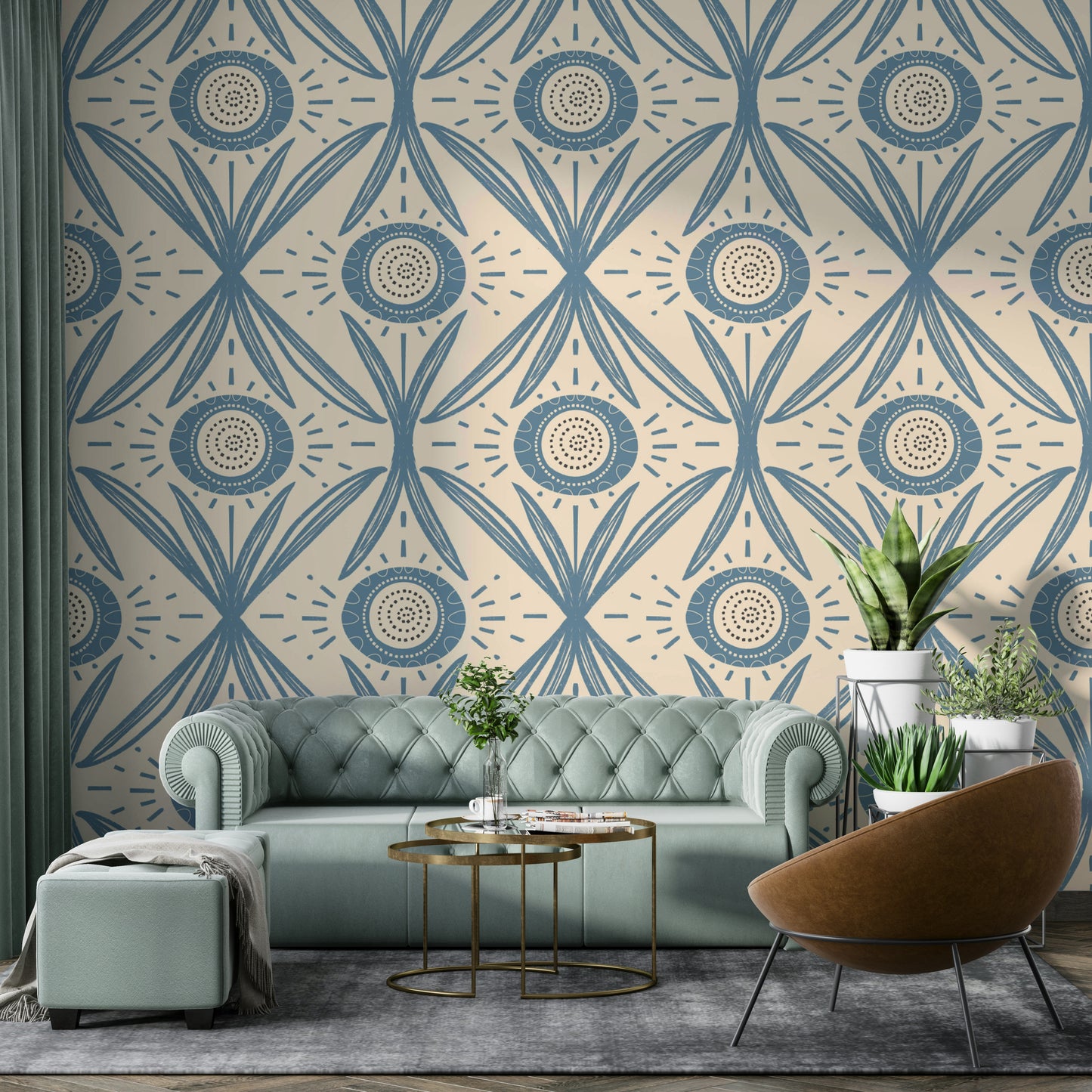 Mid-century floral mural in soft blue tones

