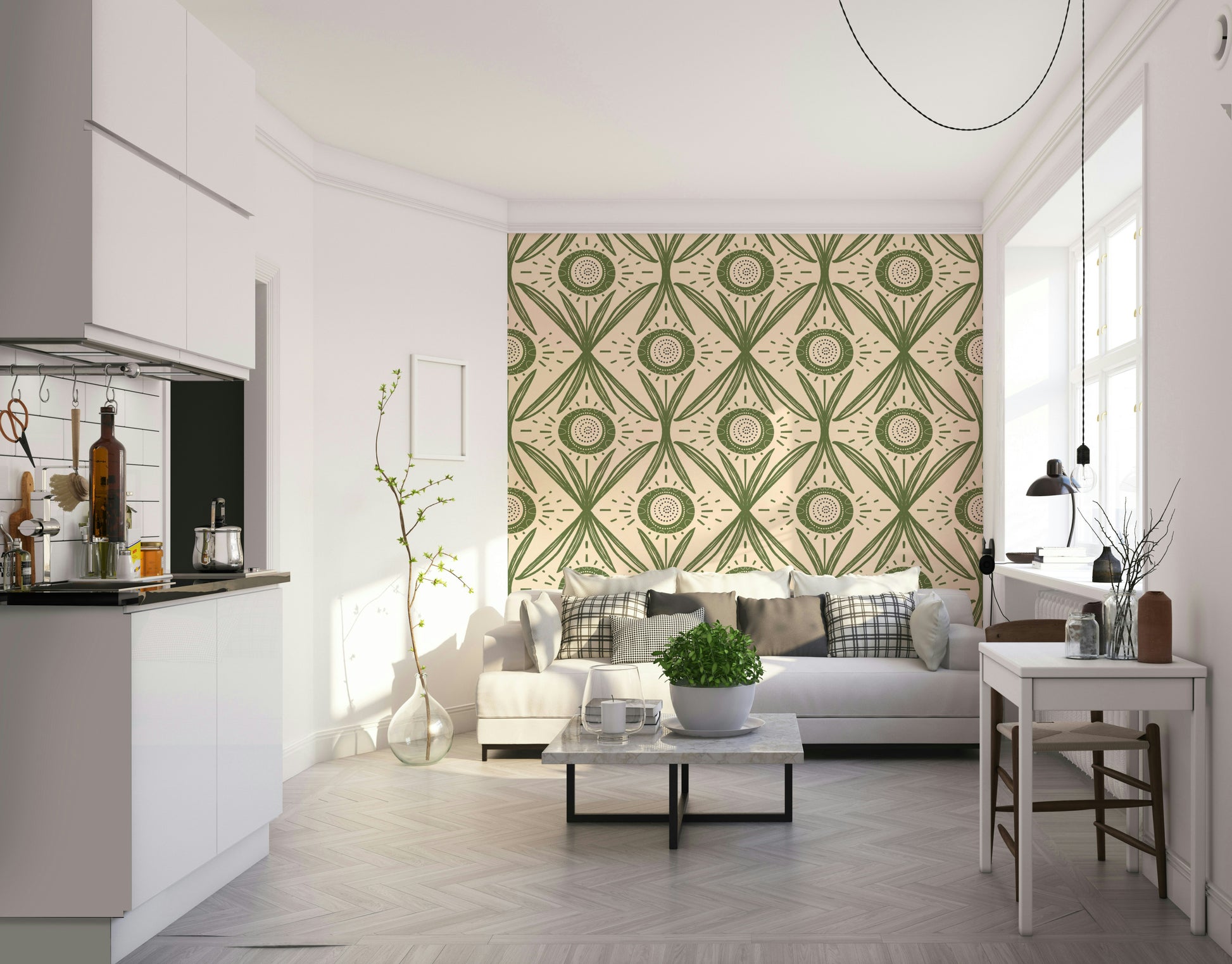Traditional floral mural in soft green

