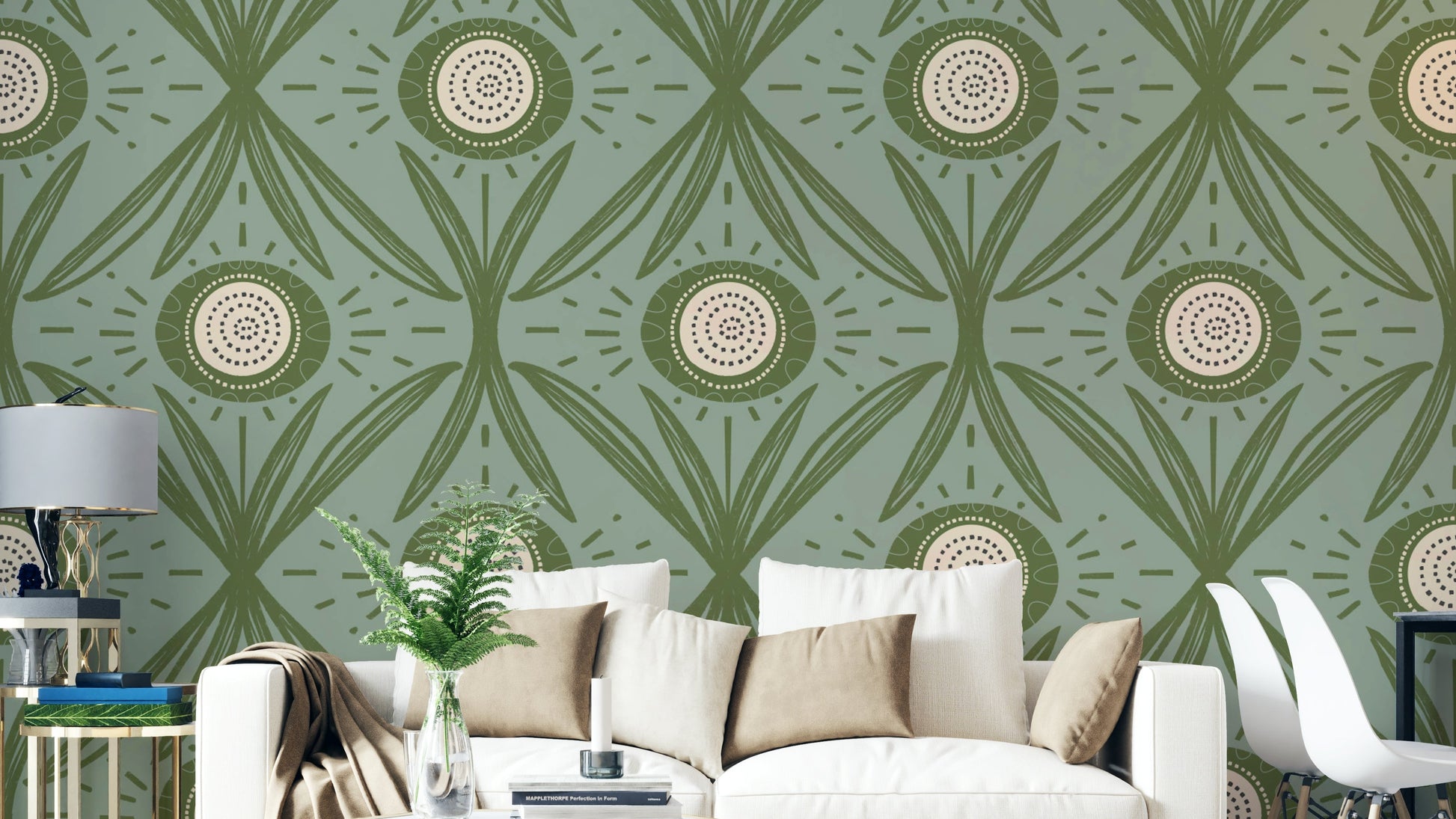 Cottage floral mural in olive and sage tones

