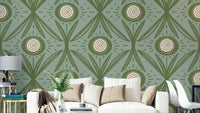 Cottage floral mural in olive and sage tones
