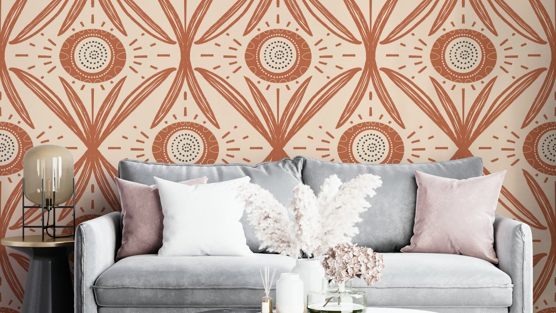 Folk Bloom Radiance Terracotta wallpaper design
