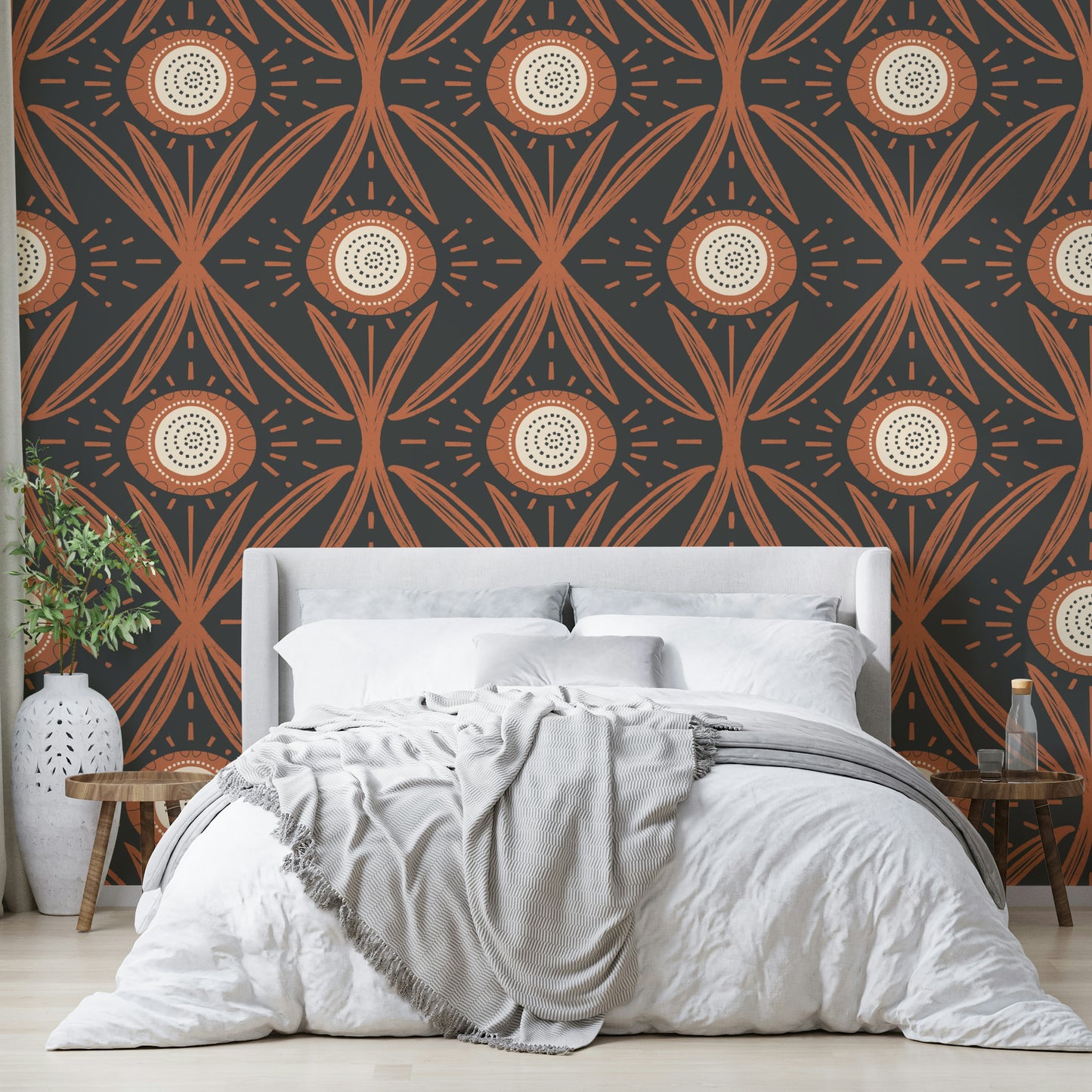 Mid-century floral mural in terracotta and charcoal
