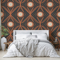 Mid-century floral mural in terracotta and charcoal
