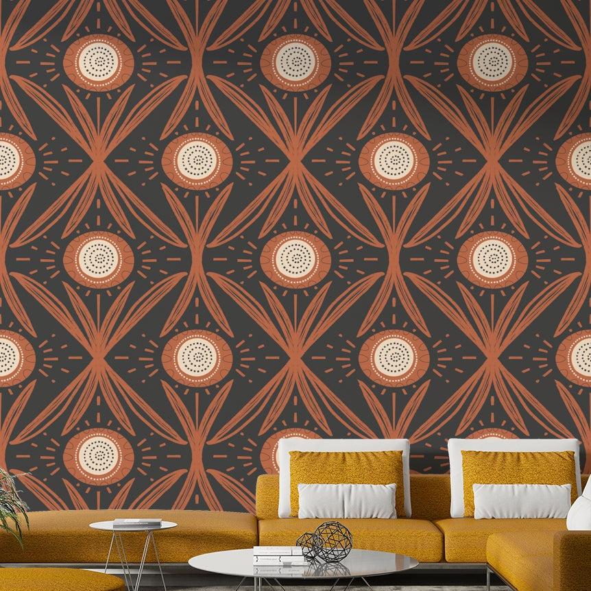 Retro-inspired mural wallpaper with floral elements

