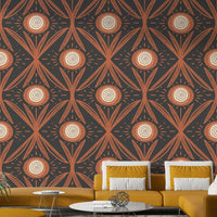 Retro-inspired mural wallpaper with floral elements
