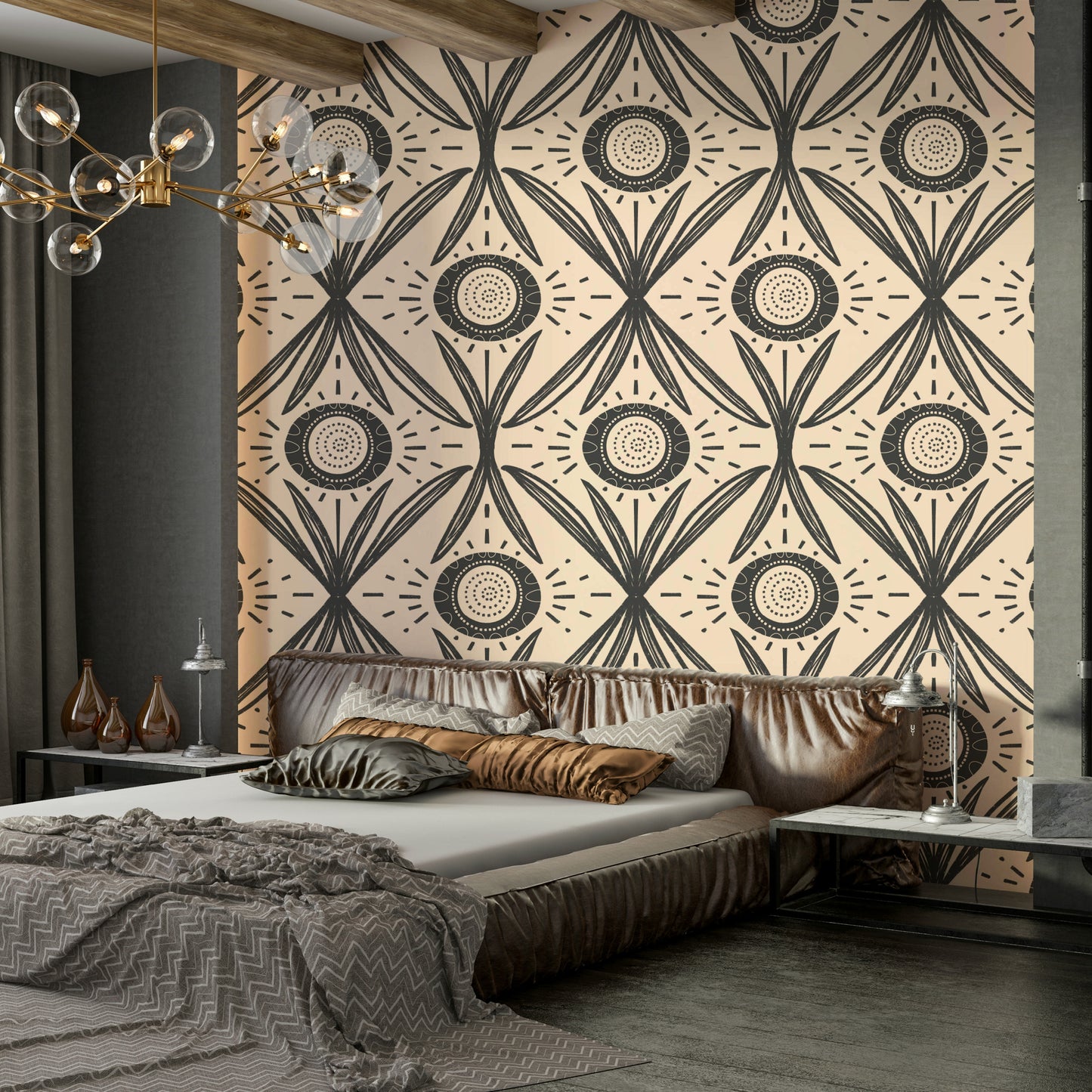 Cream flowers on dark background wall design
