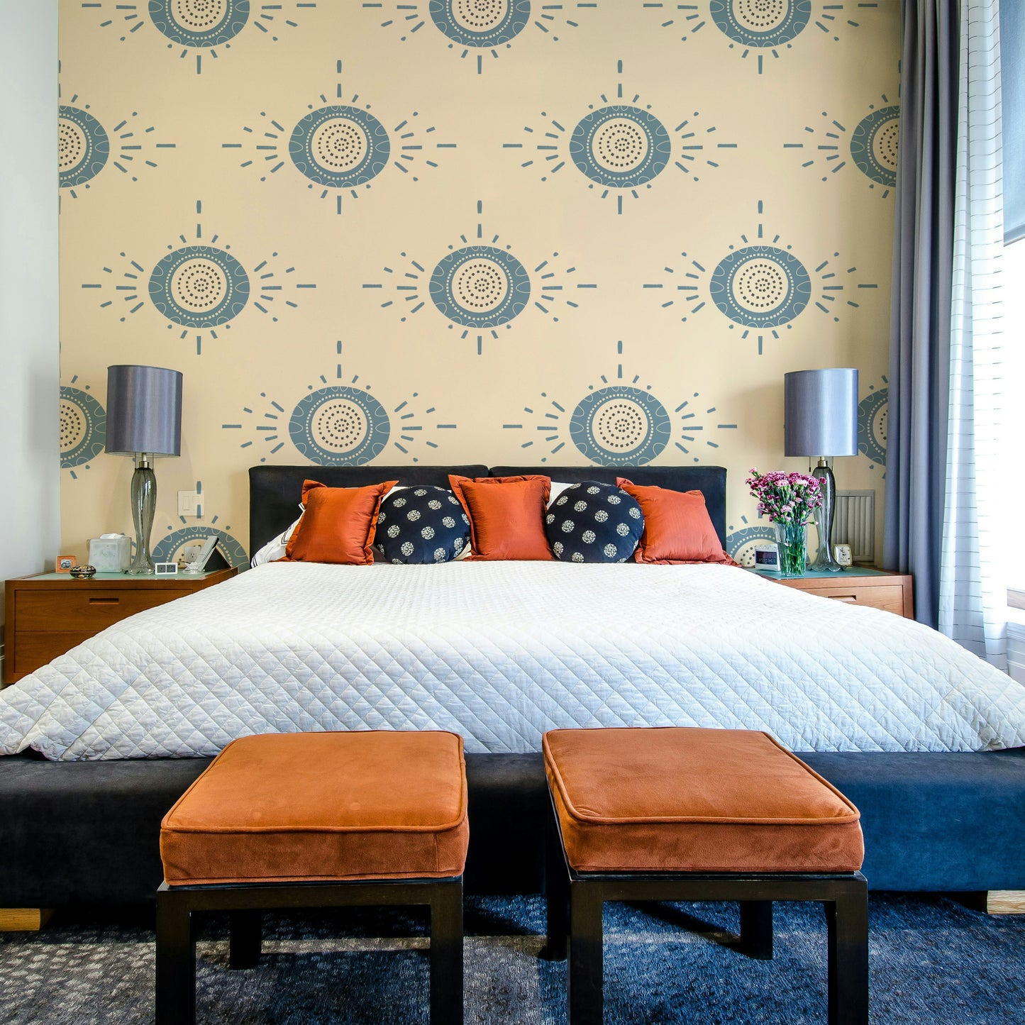 Folk Bloom Light Dusty Blue Cream Scandinavian Mid Mod Floral Wallpaper⁠