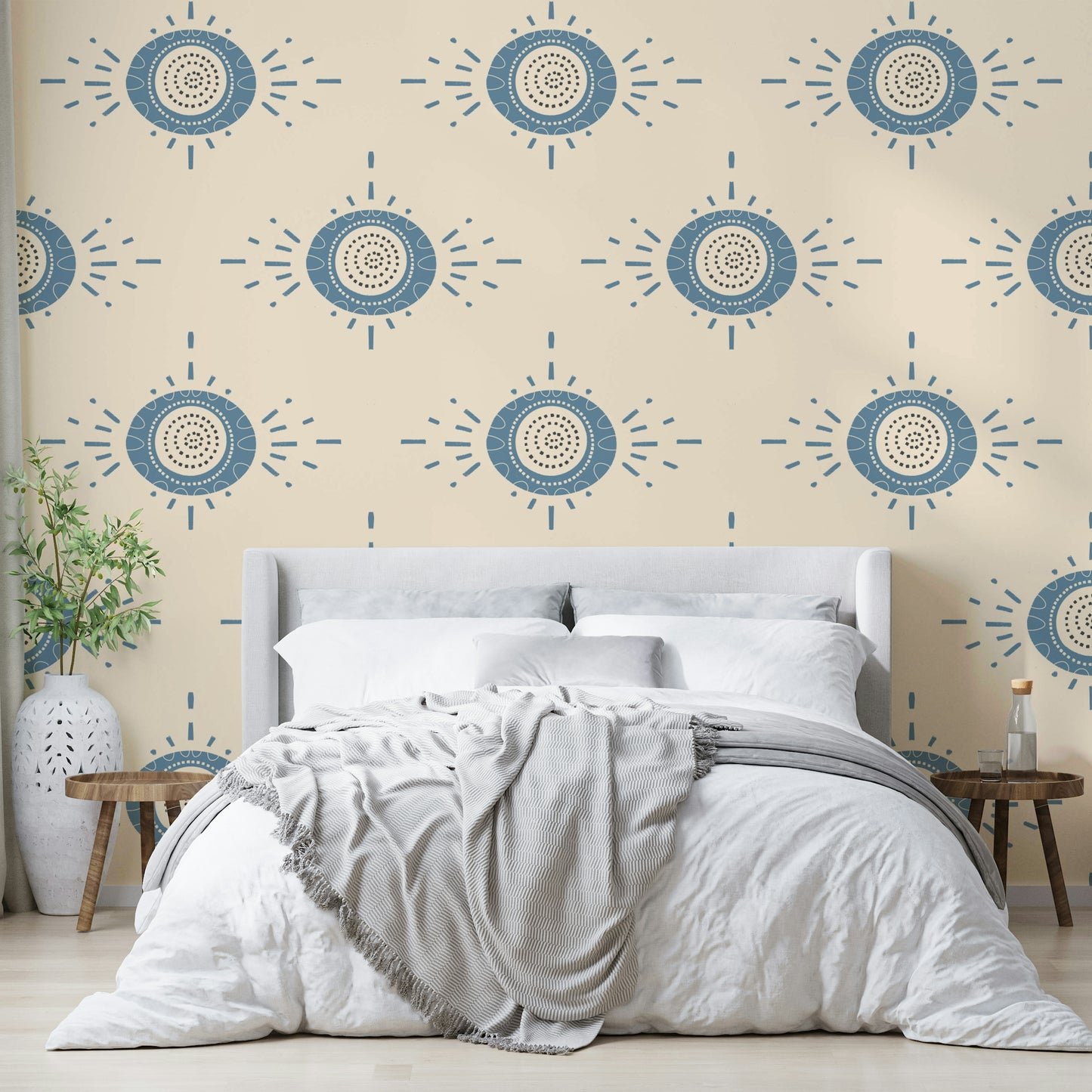 Folk Bloom Light Dusty Blue Cream Scandinavian Mid Mod Floral Wallpaper⁠