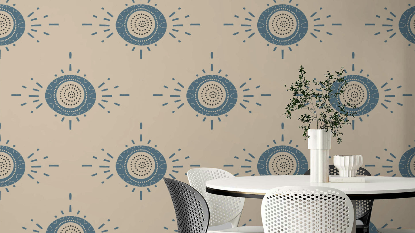 Folk Bloom Light Dusty Blue Cream Scandinavian Mid Mod Floral Wallpaper⁠