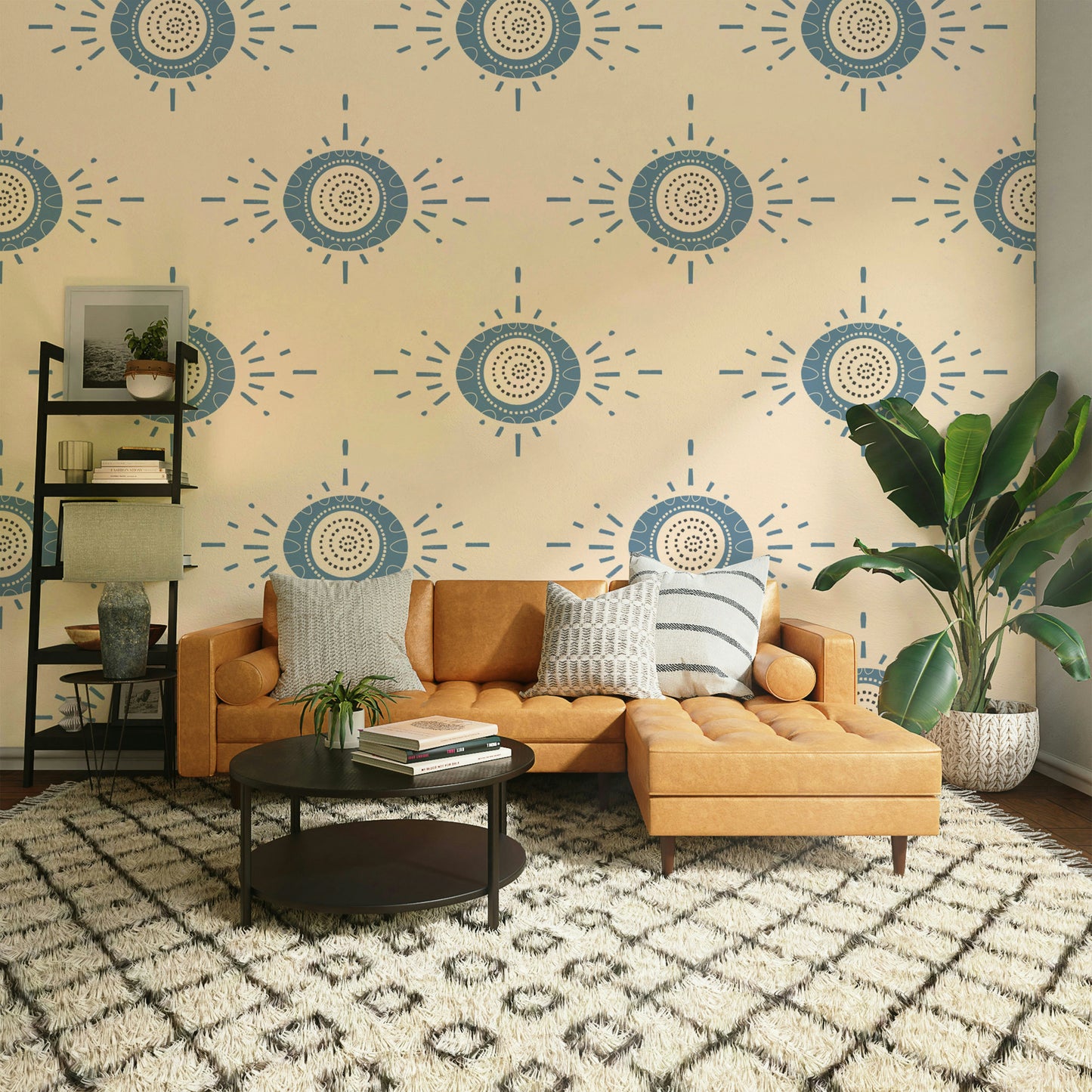 Folk Bloom Light Dusty Blue Cream Scandinavian Mid Mod Floral Wallpaper⁠