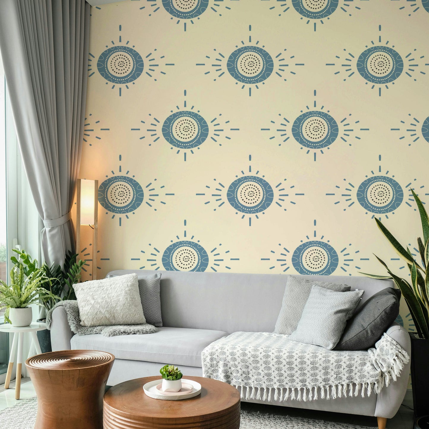 Folk Bloom Light Dusty Blue Cream Scandinavian Mid Mod Floral Wallpaper⁠