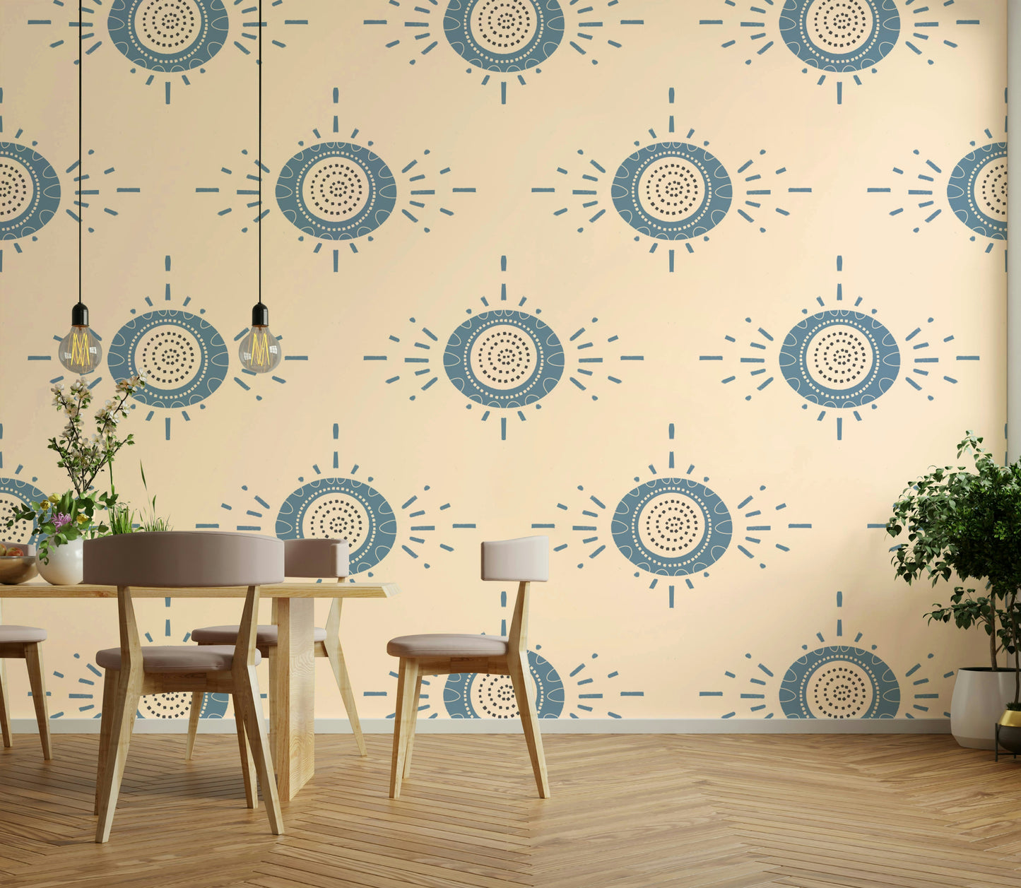 Folk Bloom Light Dusty Blue Cream Scandinavian Mid Mod Floral Wallpaper⁠