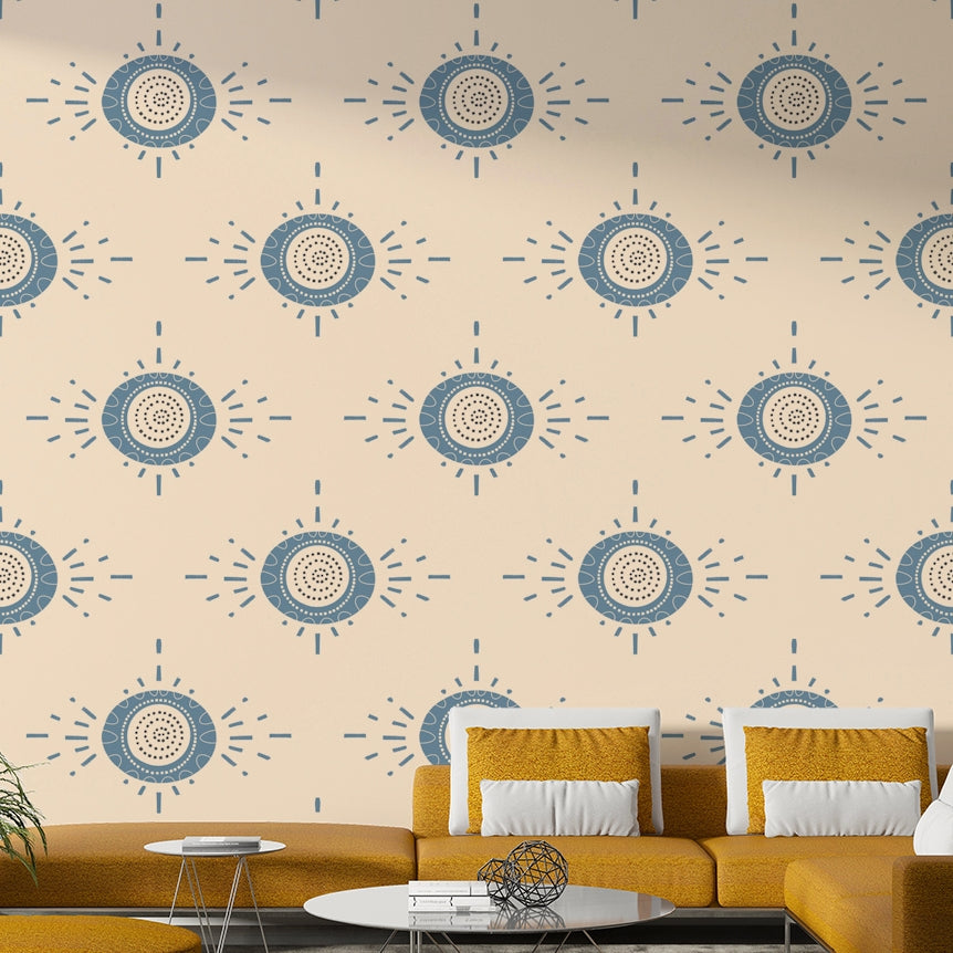 Folk Bloom Light Dusty Blue Cream Scandinavian Mid Mod Floral Wallpaper⁠