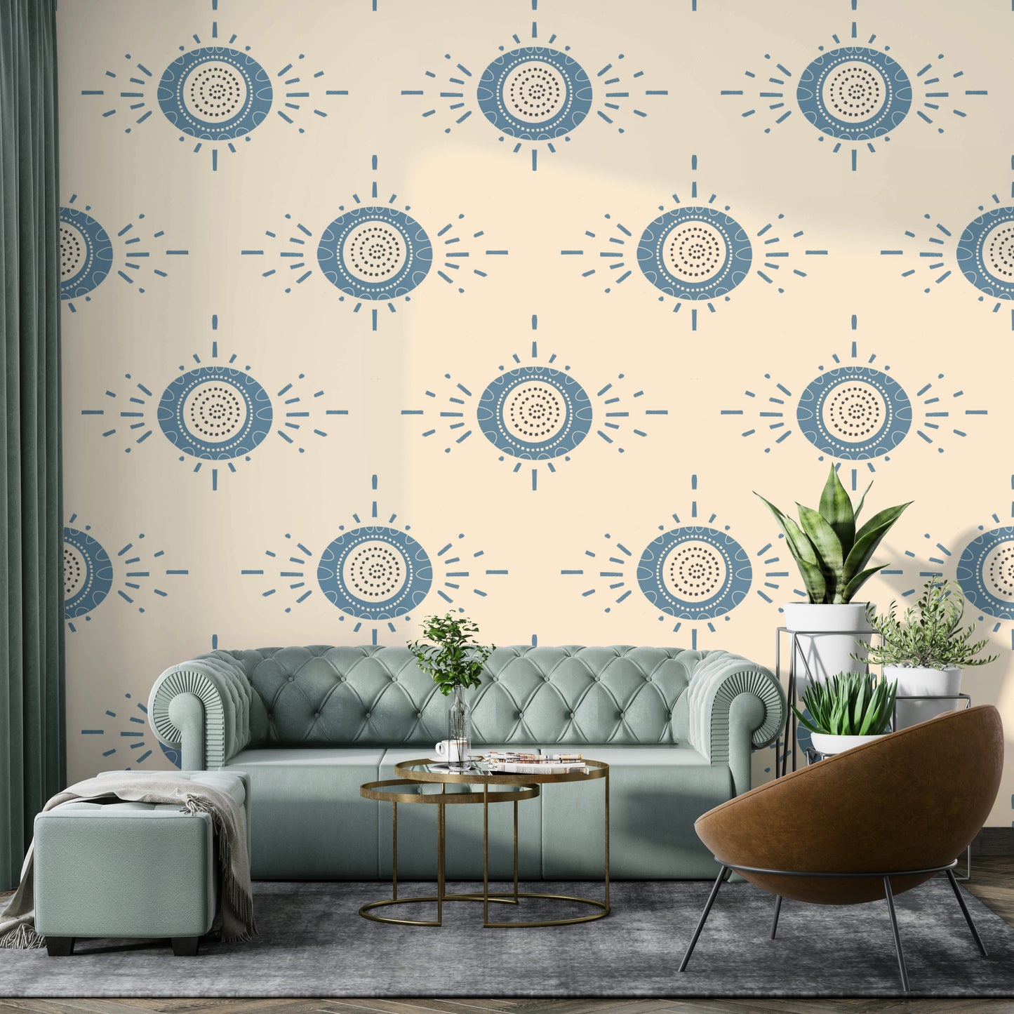 Folk Bloom Light Dusty Blue Cream Scandinavian Mid Mod Floral Wallpaper⁠