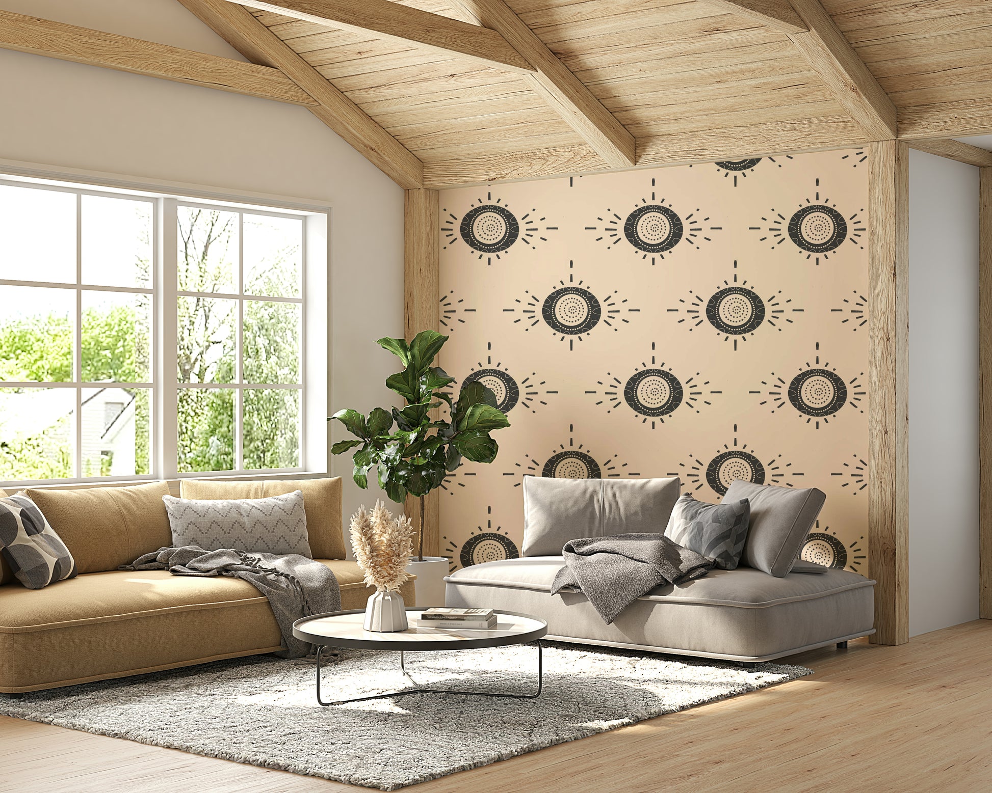 Folk Bloom wallpaper featuring soft, soothing tones of cream and charcoal

