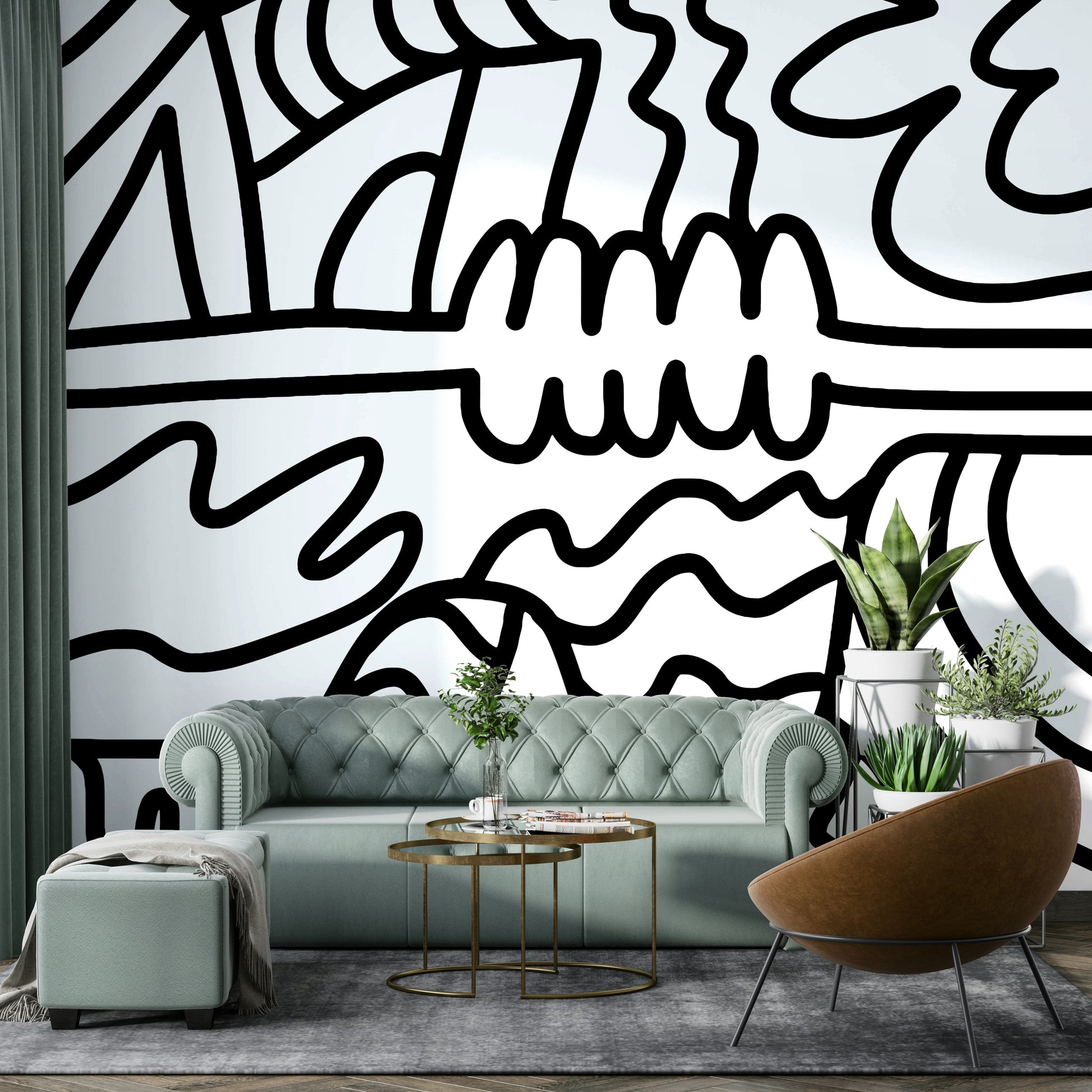 Modern mural wallpaper featuring soft, flowing design elements

