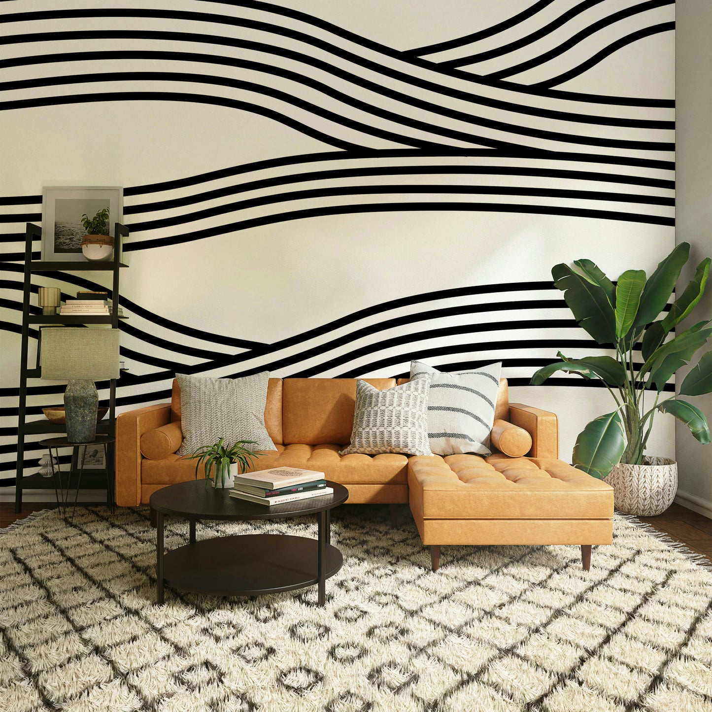 Minimalistic monochrome wave mural adding a modern touch.

