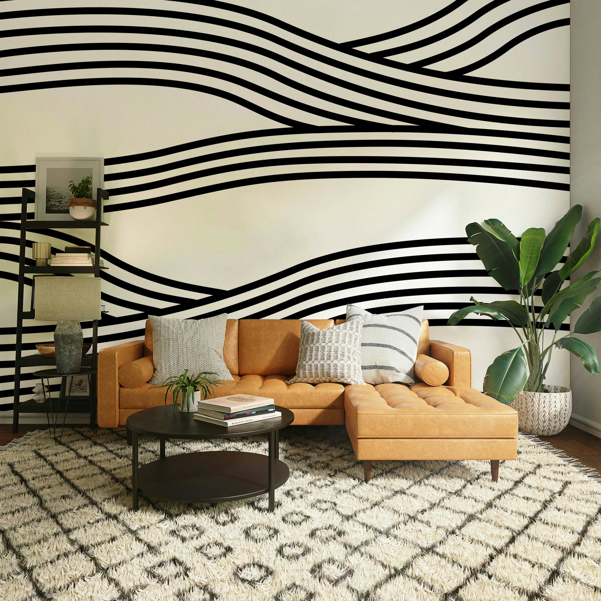 Minimalistic monochrome wave mural adding a modern touch.

