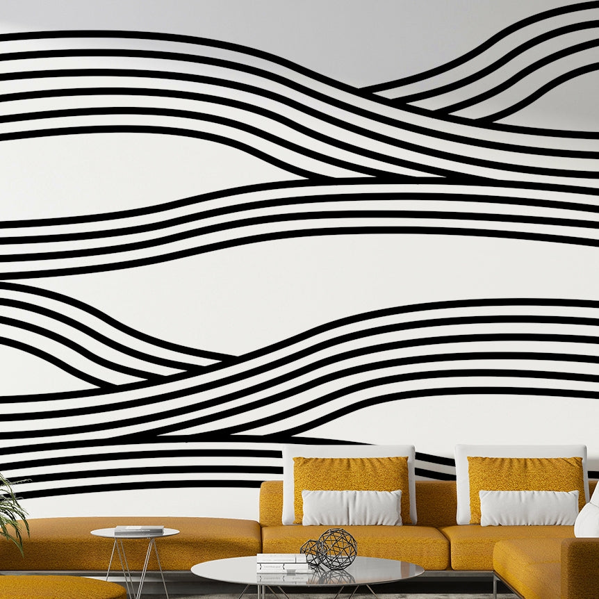 Black and white wave design with smooth flowing lines.

