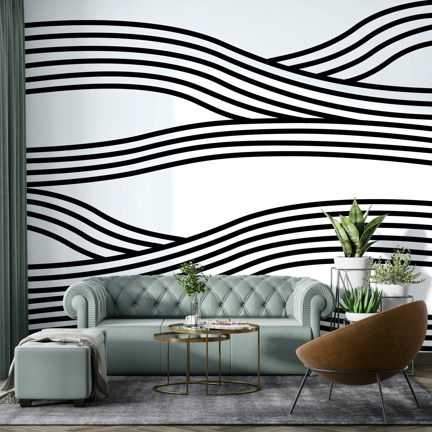 Abstract monochrome wave patterns in a rhythmic flow.

