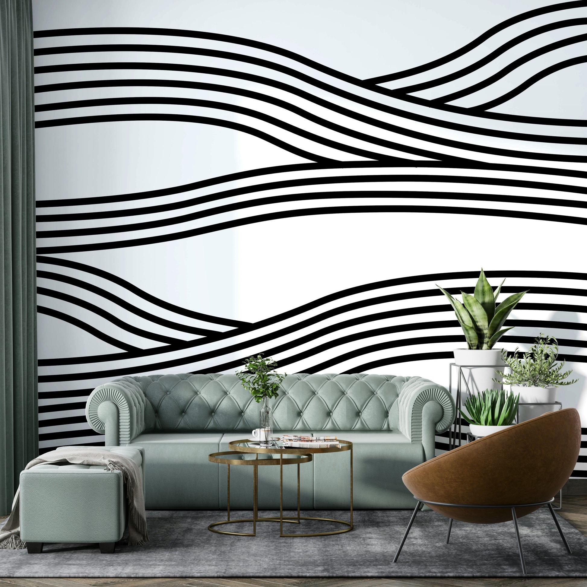 Abstract monochrome wave patterns in a rhythmic flow.

