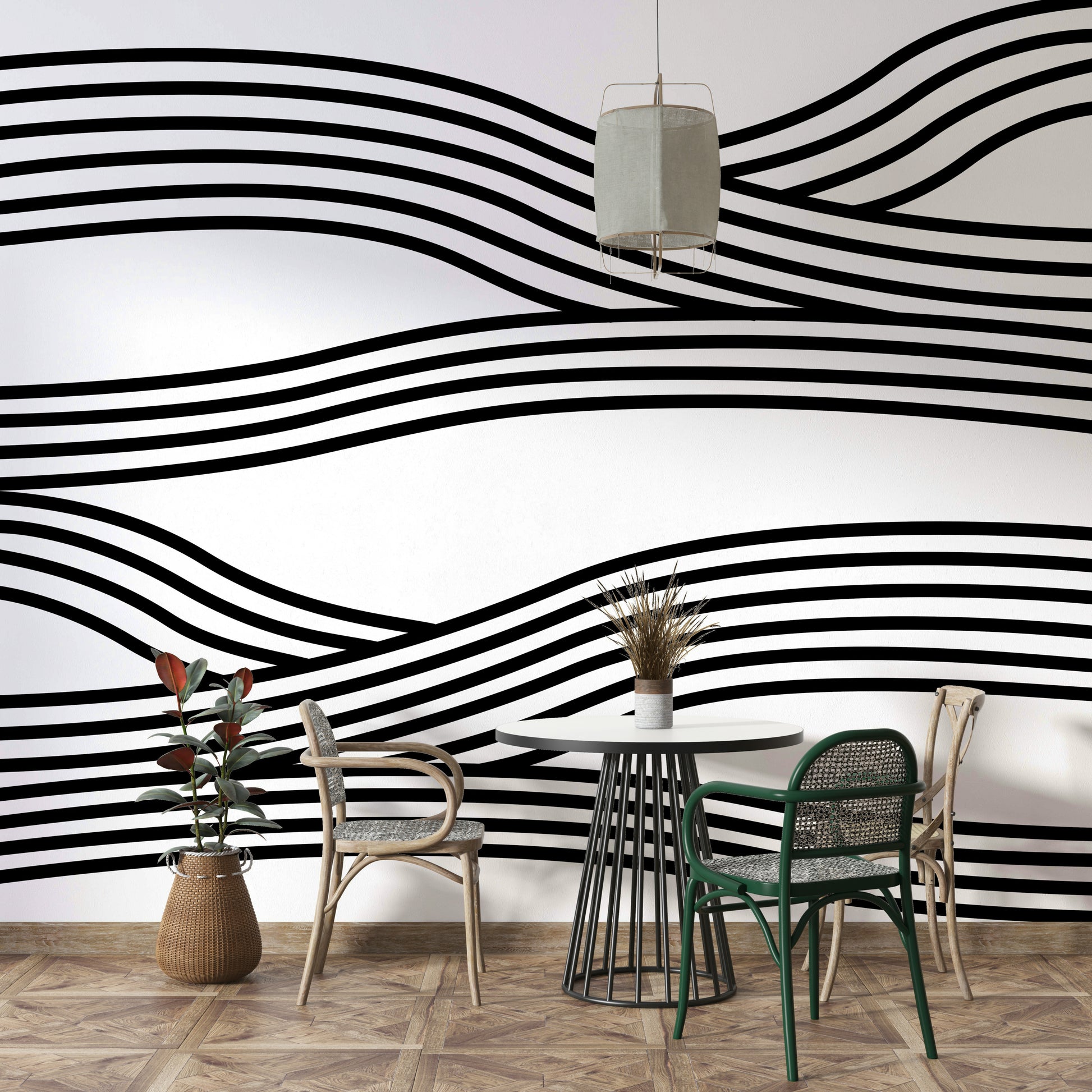 Monochrome mural featuring rhythmic waves and curves.

