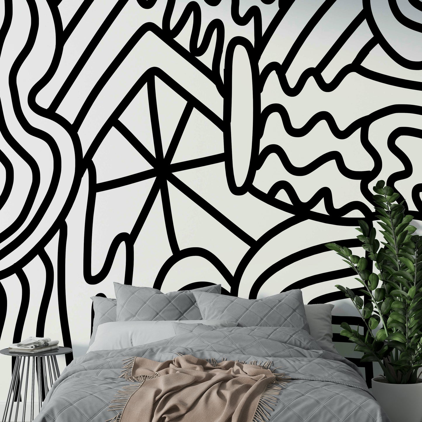Contemporary wall mural featuring flowing wave patterns

