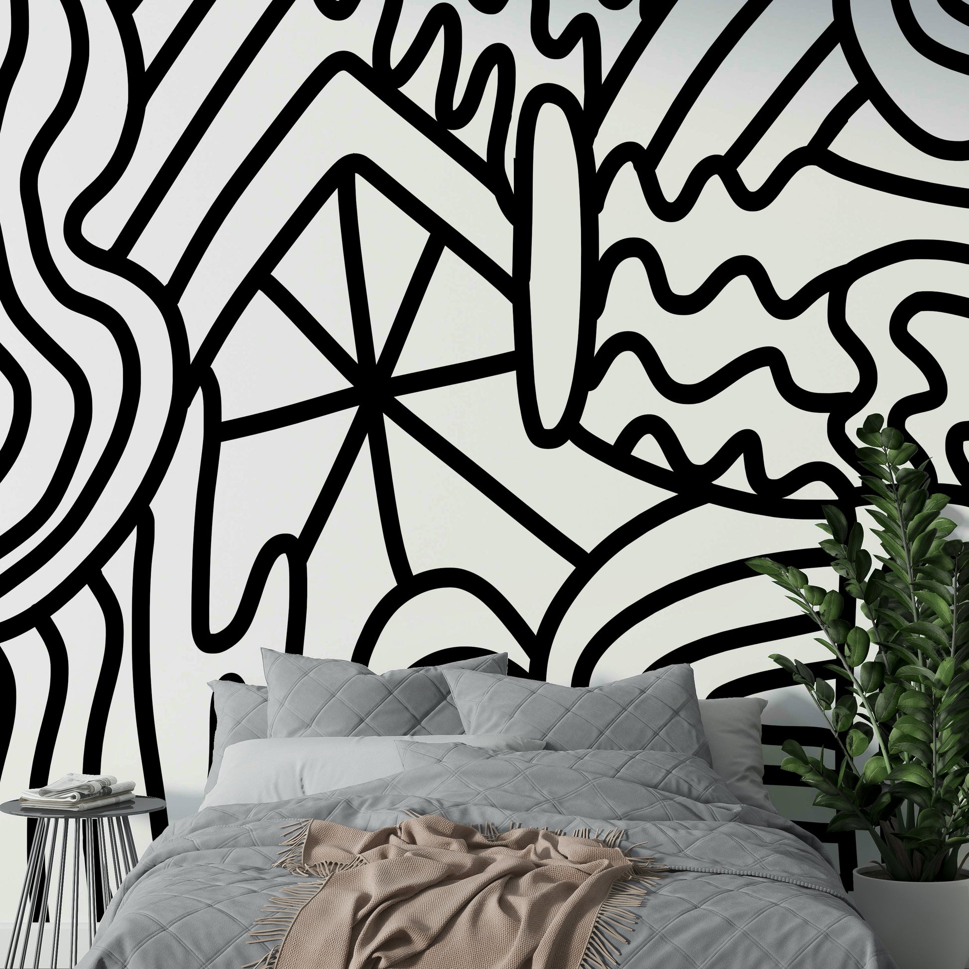 Contemporary wall mural featuring flowing wave patterns


