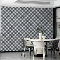 Refreshing blue gingham wallpaper creating a joyful, festive vibe

