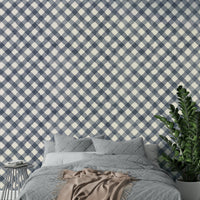 Festive hand-painted blue gingham wallpaper perfect for cozy rooms

