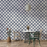 Traditional blue gingham pattern in hand-painted wallpaper design


