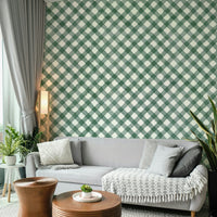Unique hand-painted gingham wallpaper in deep green for cozy rooms

