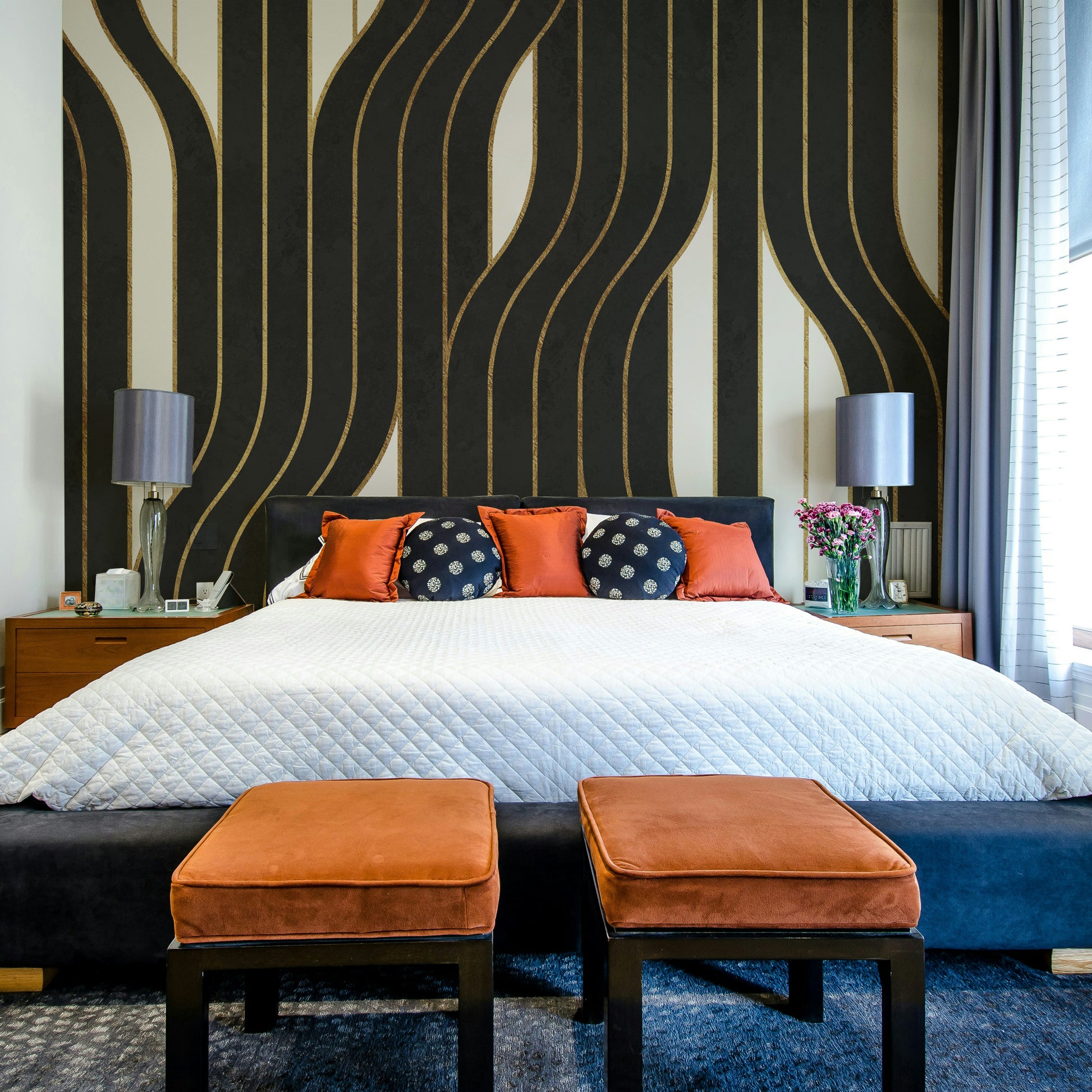 Elegant black and white geometric lines in wall mural design

