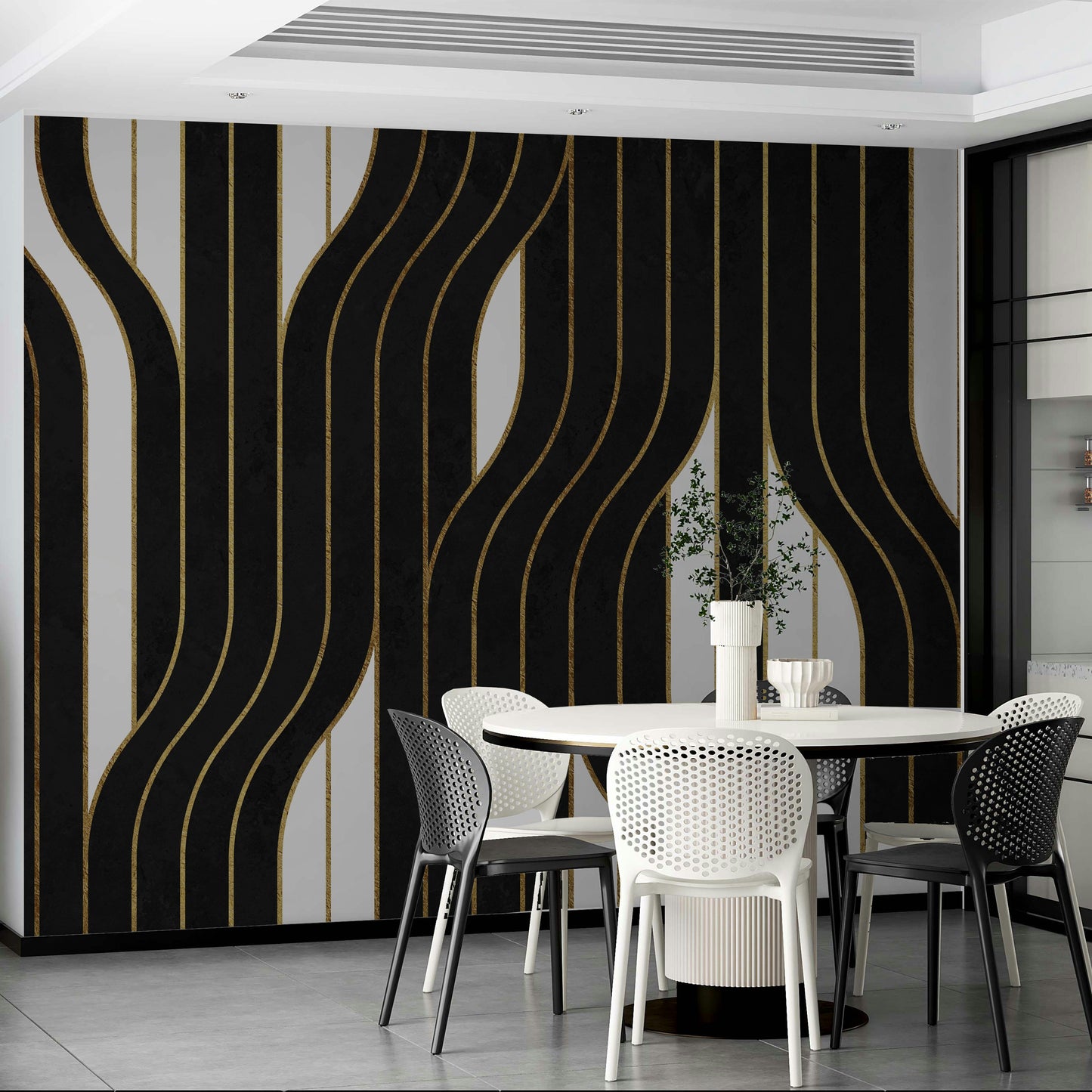 Timeless black and white lines mural adding sophistication

