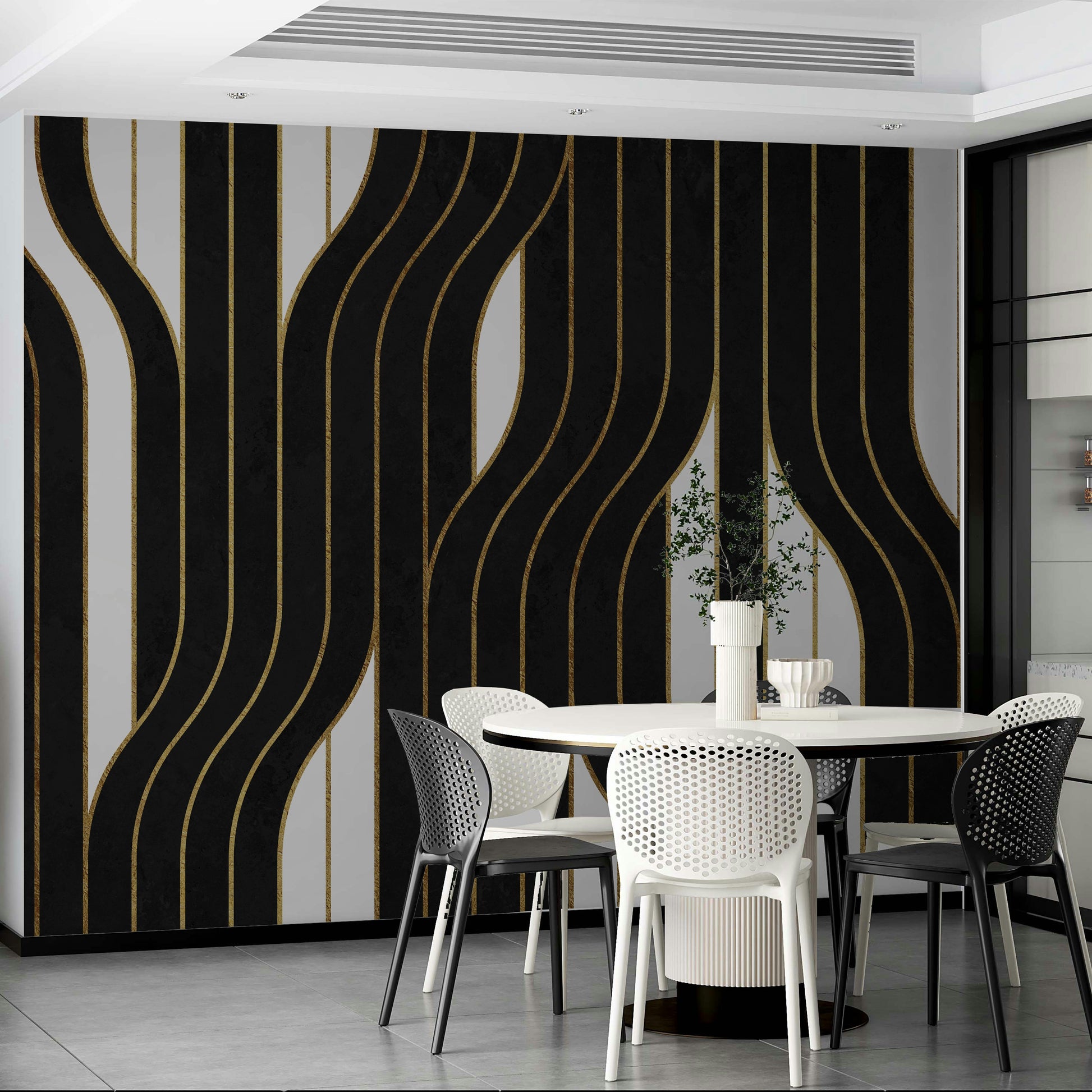 Timeless black and white lines mural adding sophistication

