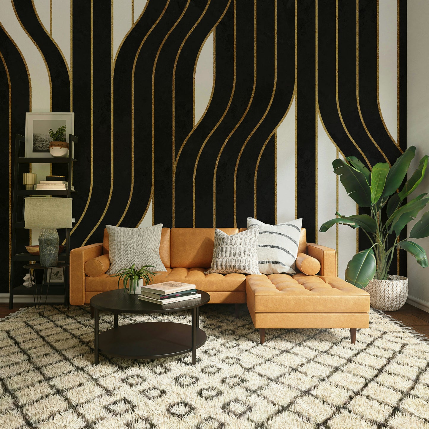 Bold black lines and soft white creating a refined, modern look

