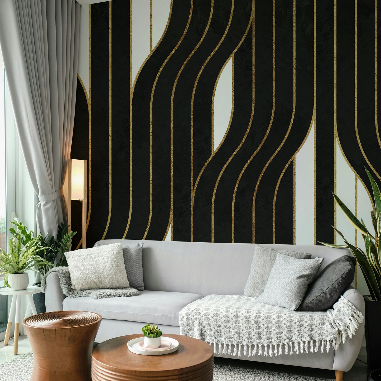 Striking black and white mural with clean, geometric patterns

