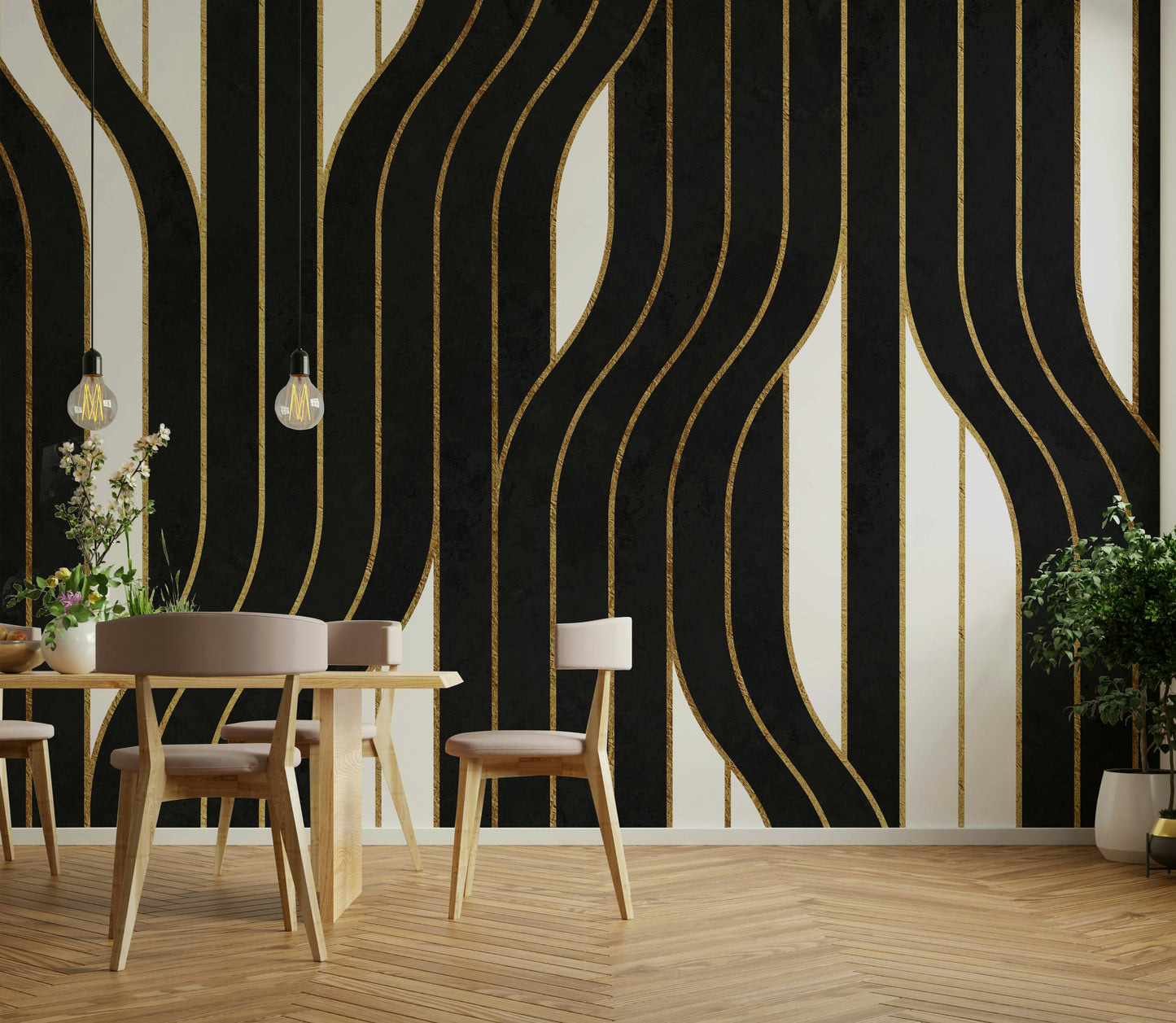 Luxury black and white lines mural creating a modern atmosphere

