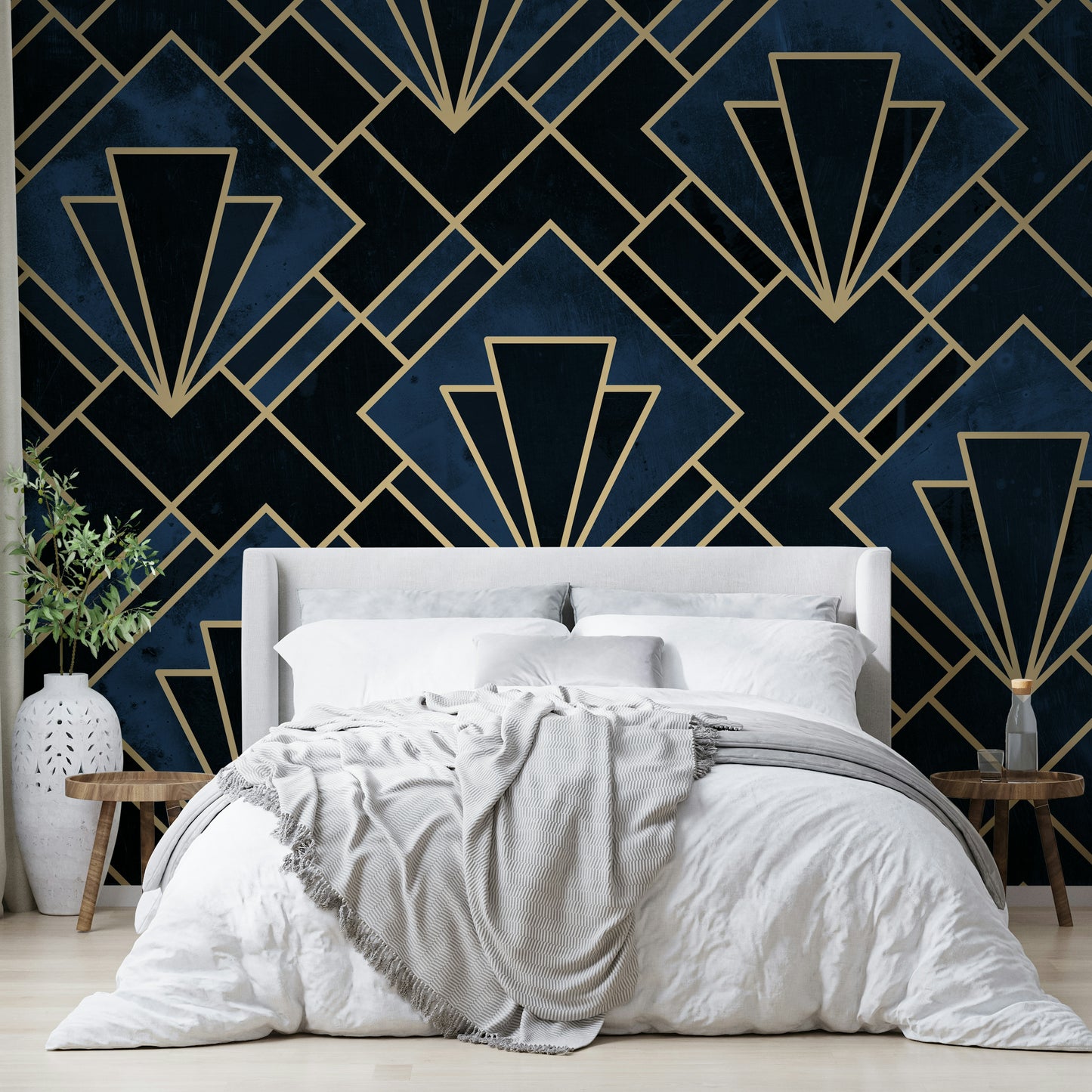 Intricate geometric pattern in navy and gold for feature wall

