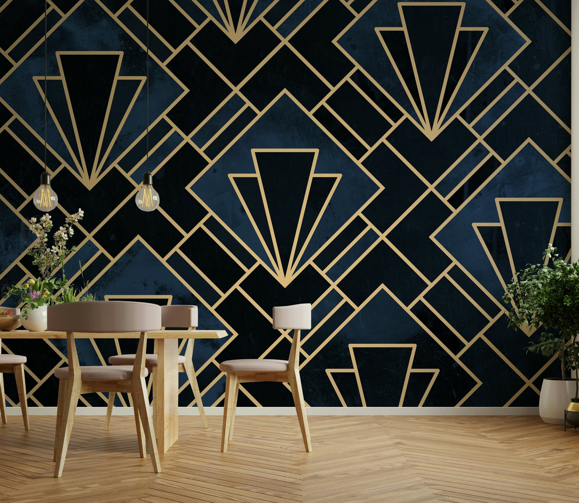 Bold Art Deco mosaic mural with navy blue and gold accents

