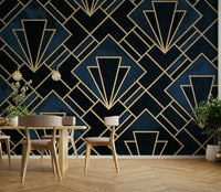 Bold Art Deco mosaic mural with navy blue and gold accents

