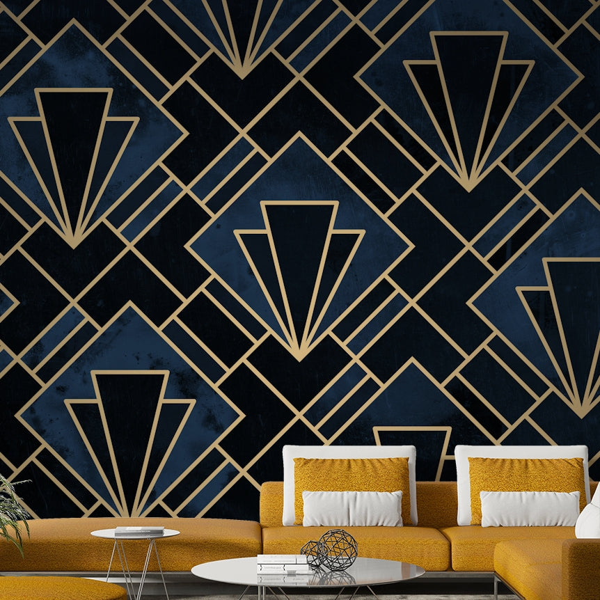 Deep blue and gold Art Deco mosaic design for modern interiors


