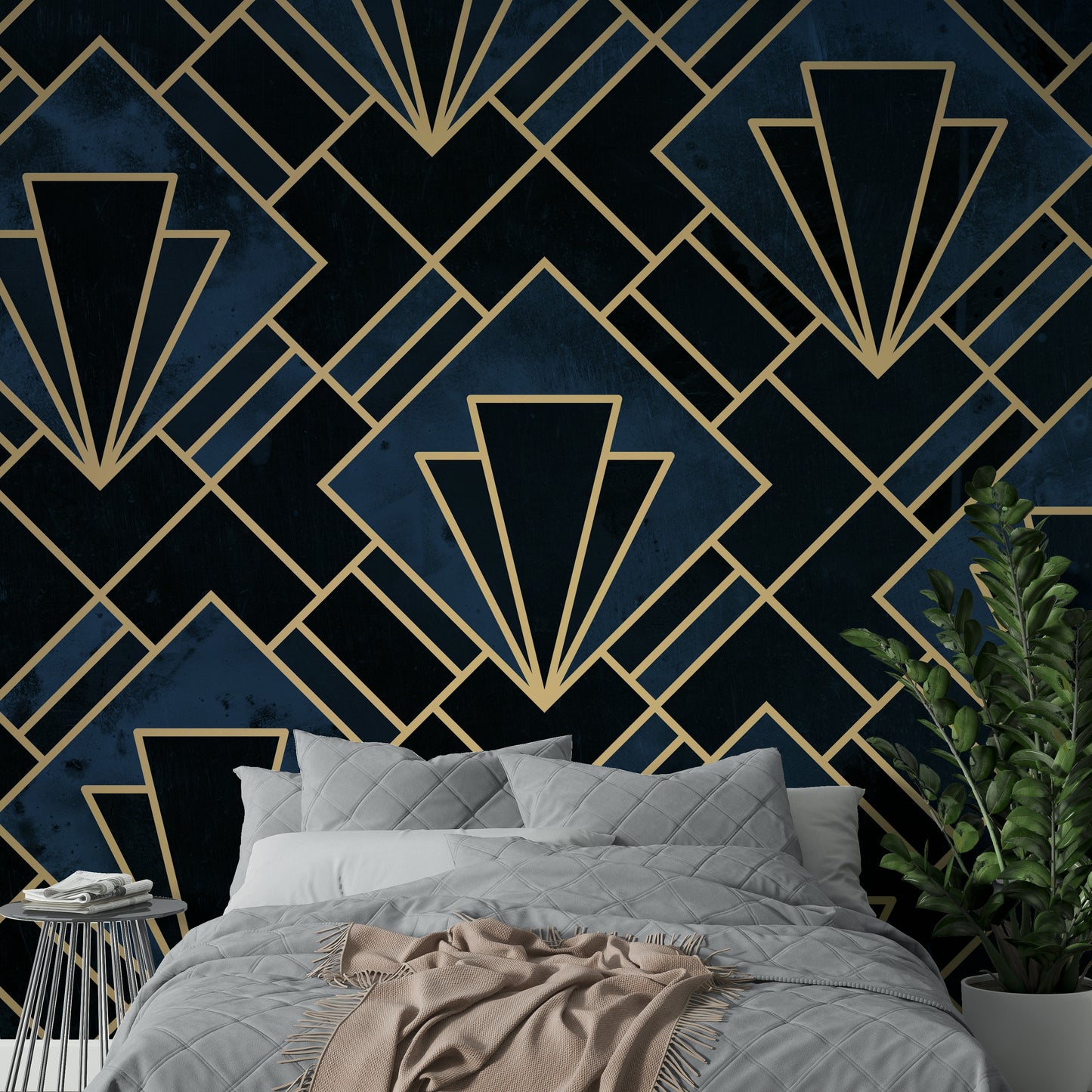 Deep navy and gold accents in geometric mosaic pattern mural

