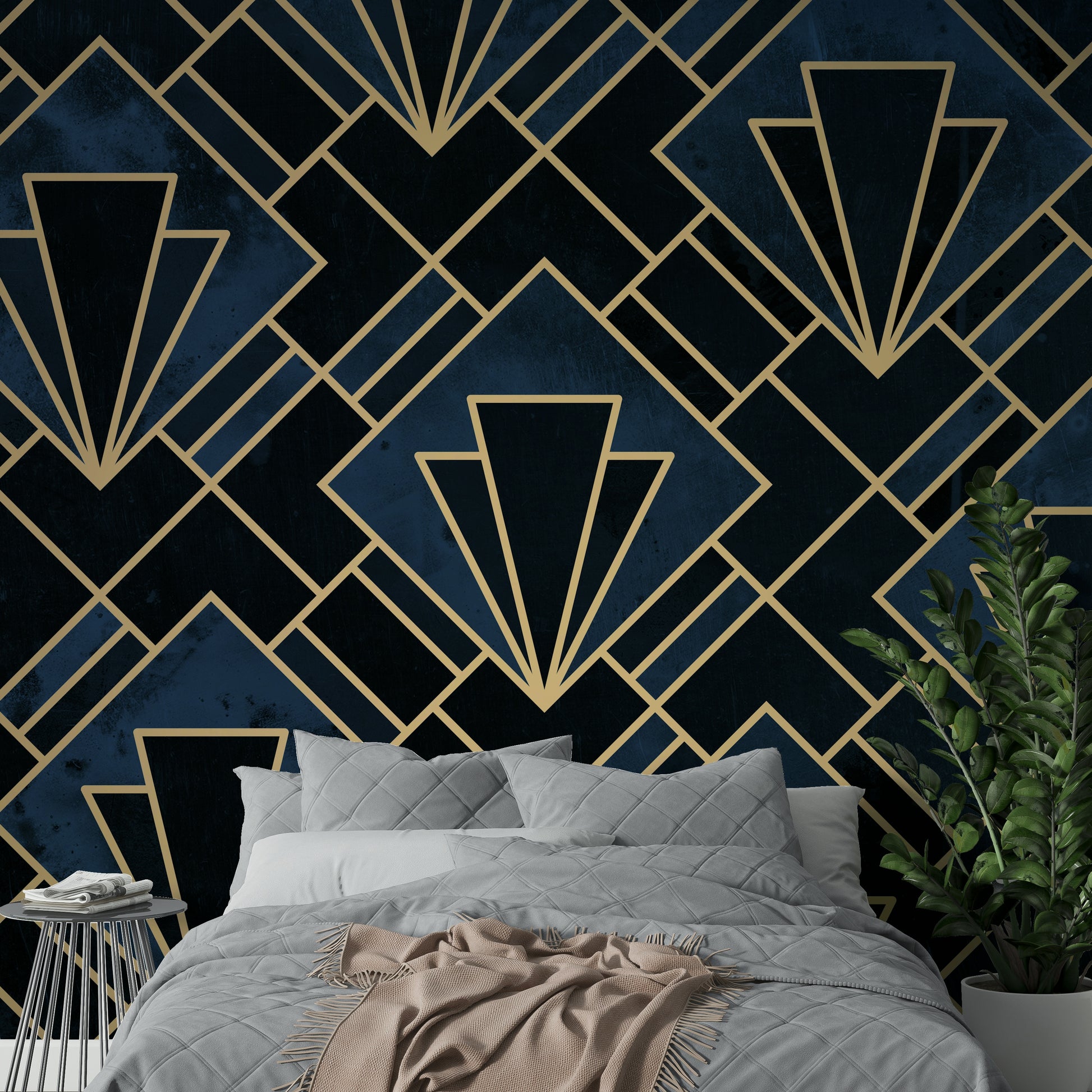 Deep navy and gold accents in geometric mosaic pattern mural

