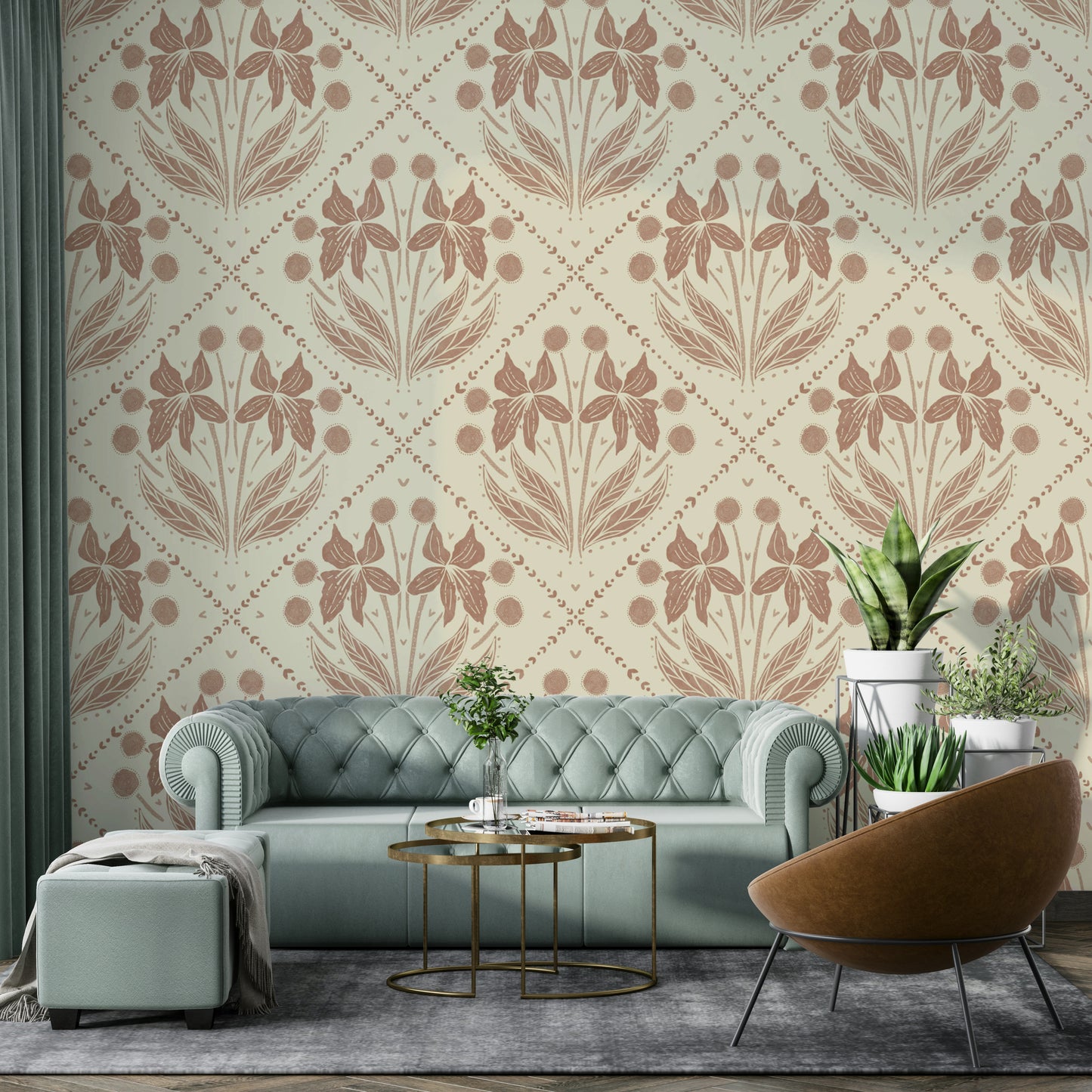 Vibrant terracotta background with delicate flowers for walls

