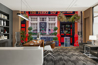 Cozy street cafe mural with vibrant red and black accents

