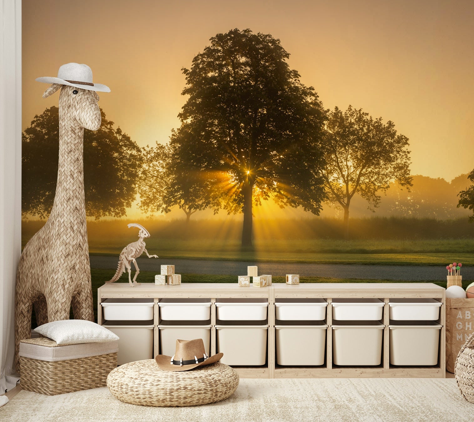 Peaceful sunrise mural with soft pastel colors for calm rooms

