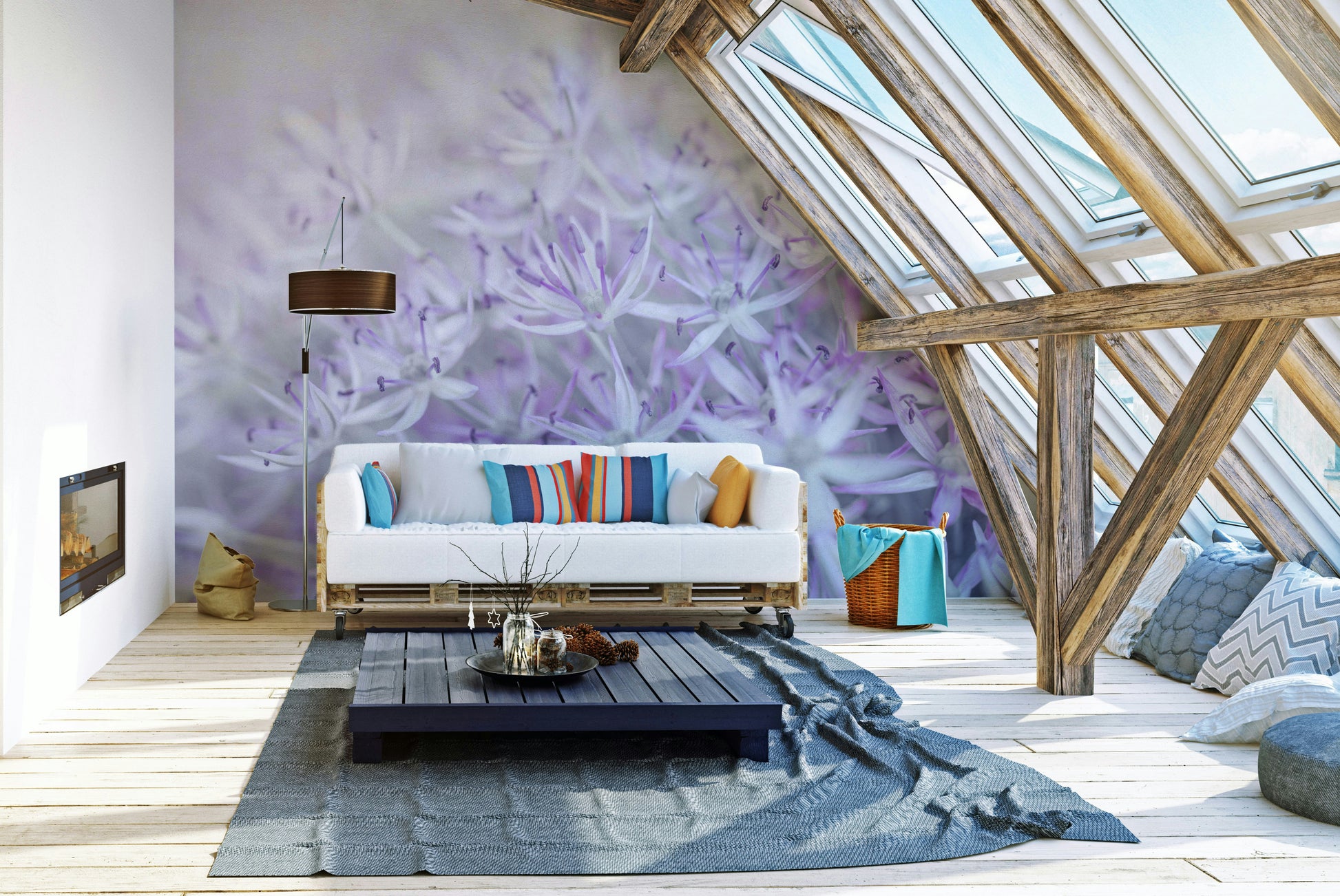 Close-up floral design featuring allium flowers in a mural

