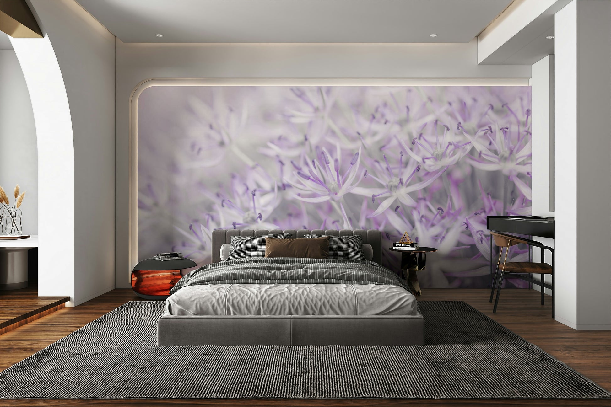 Soft floral design with purple allium flowers for wall decor

